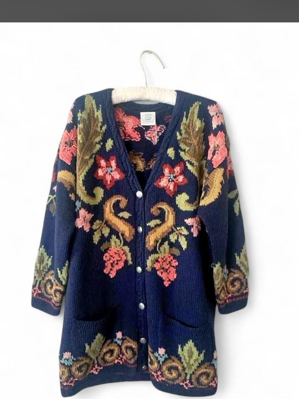 Vintage 90s Laura Ashley Floral Tapestry Knit Wool Longline Cardigan Sweater - S